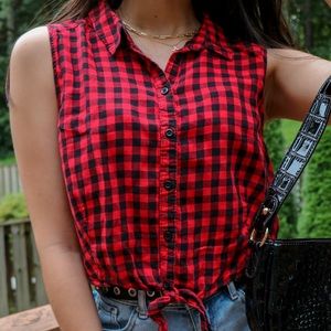 h&m y2k plaid button up tie front crop top